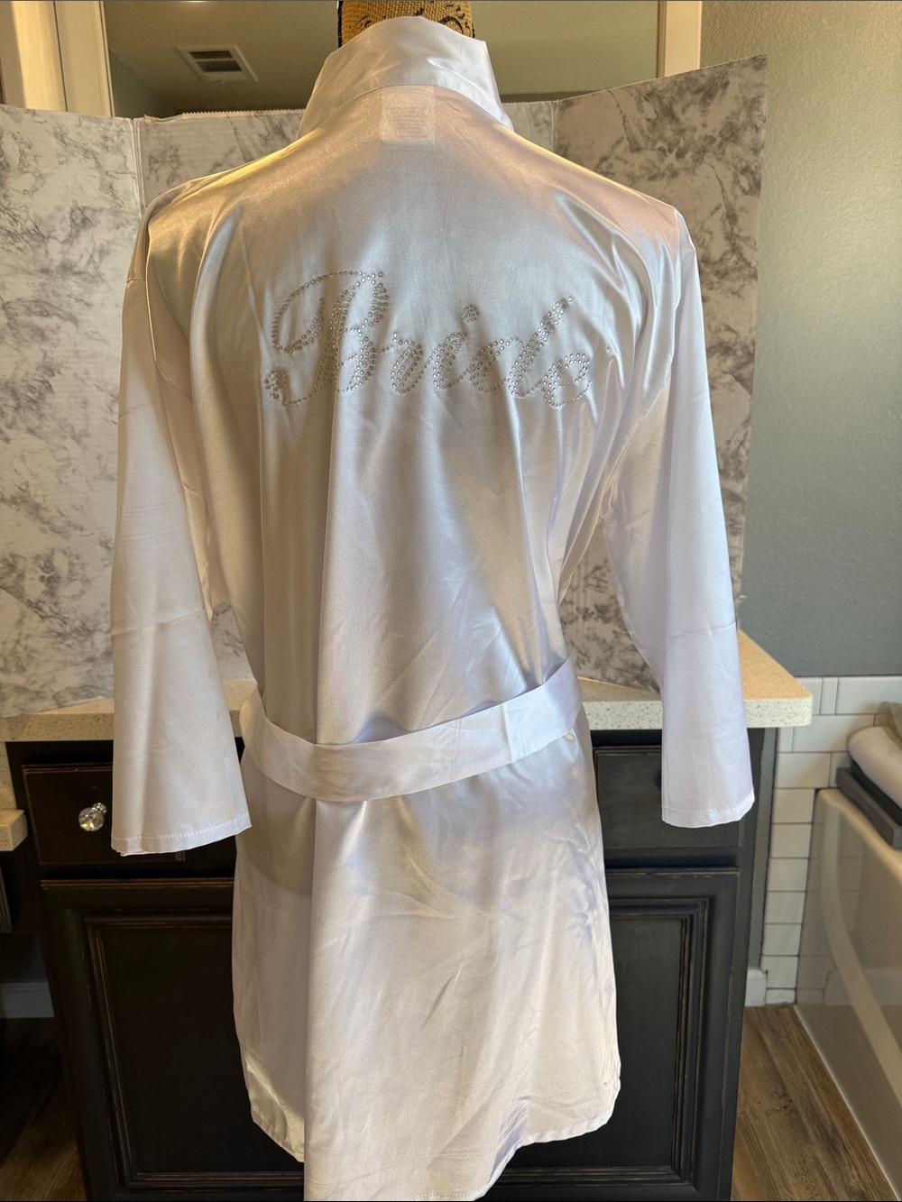 White Satin Brides Robe with Rhinestone Script